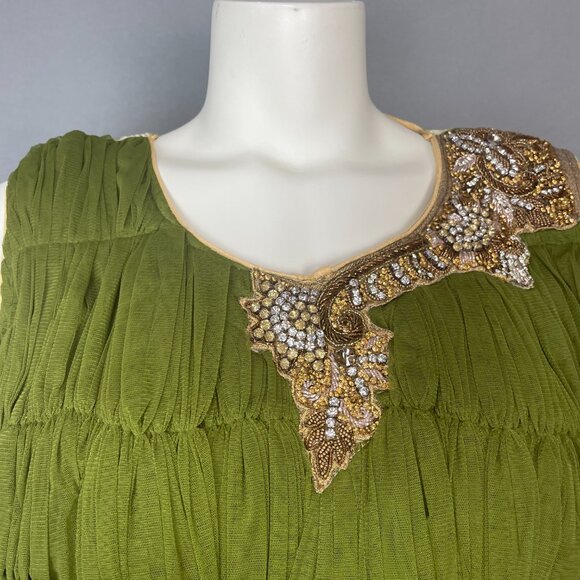 Indian Dress Rhinestones Floral Size XL Green Ruched Top Maxi Floral Embellished - Picture 12 of 14